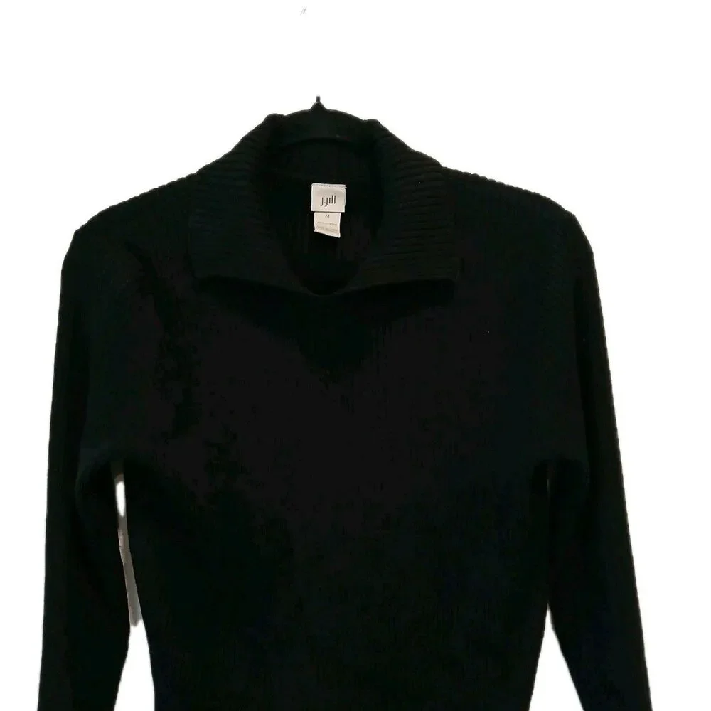 J. Jill Black Knit Johnny Collared Pullover Sweater 100% Cotton 3/4 Sleeve Med